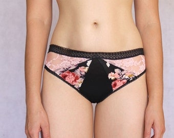 Pink cherry mesh brazilian panties under black