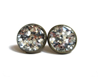 SILVER Glitter stud earrings - sparkle post earrings - sparkly jewelry - silver earrings - glitter jewelry - minimalist - bridesmaid gift