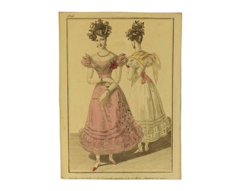 1826 French Antique Women Fashion Illustration. Hand-Colored Fashion Plate Engraving. Petit Courrier des Dames Modes de Paris.