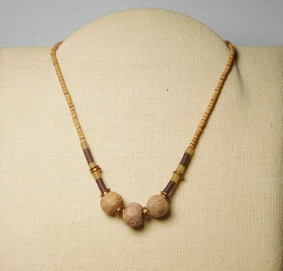 Hippie Choker Necklace Brown Cork Carved Beads Beaded 16