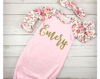 Personalized Newborn Gown Baby Girl Gown Baby Girl Take Home Outfit Newborn Hospital Outfit Baby Shower Gift Floral Pink Newborn Gown