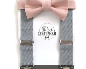Dusty Rose bow tie and suspender set, boys pale dogwood bow tie, kids, baby, toddler, rustic wedding, ring bearer, page boy, vintage wedding