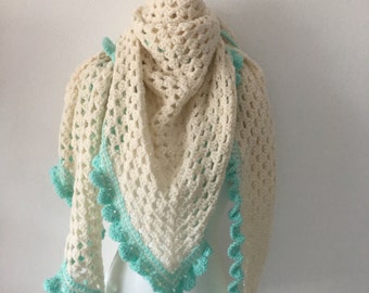 Handmade crochet shawl Cream and aqua