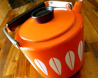 RARE Mid Century Cathrineholm "Lotus" Teapot / Kettle--Orange & White--Grete Prytz Kittelsen--Iconic Pattern--8-1/2" High x 8-1/2" Diameter