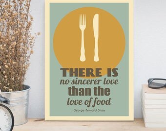 Rustic Kitchen Decor, Farmhouse Decor, Kitchen Print, Retro Poster, Minimalist Art, Fork, Knife, Plate, George Bernard Shaw Quote, Food Art