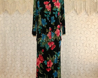 Hawaiian Tropical Dress Maxi Black Floral Skirt Set Knit Traveler Orchid Print Medium Large Womens Clothing