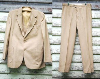 70s Vintage Mens Beige Brown 3 Piece Suit Retro Jacket Hippie Wool Pants Waistcoat Vtg 1970s Size M-L