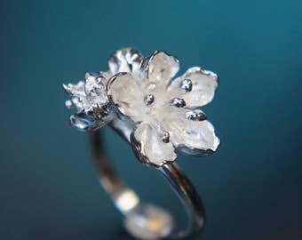 Sterling silver flower ring, cherry blossom ring, flower jewelry, proposal ring, unique ring, engagement ring, delicate ring, romantic ring