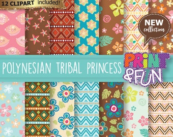 Polynesian tribal princess, Hawaiian, Brilliant colors Digital Paper, Patterns, Backgrounds, Scrapbooking, for party invitations