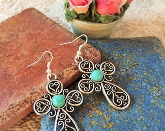 Handmade Tibetan Silver Cross Crucifix Clip-On Earrings – Drop Dangle Style, UK Made