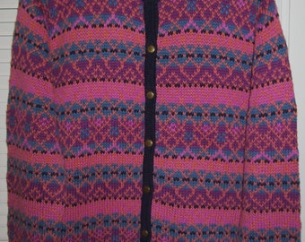 Vintage Fair Isle Cardigan, Soft Pink/ Turquoise Sweater Size XL