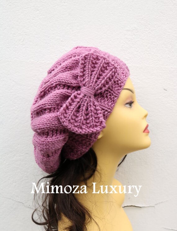 Dusky Pink Woman Hand Knitted Hat with Bow, Beret hat with bow, Dusky pink knit hat, slouchy knit women's hat with bow dusky pink winter hat