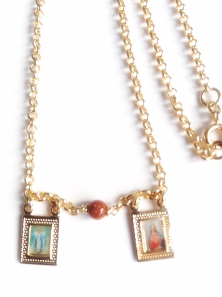 Catholic Scapular Medal Necklace Gold plated Sacred Heart of