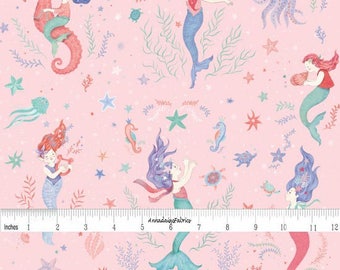 Mermaid Fabric, Studio E Mermaid Dreams 3751 22, Lucy Crovatto, Coral Mermaid Quilt Fabric, Nautical, Ocean, Beach Fabric, Cotton