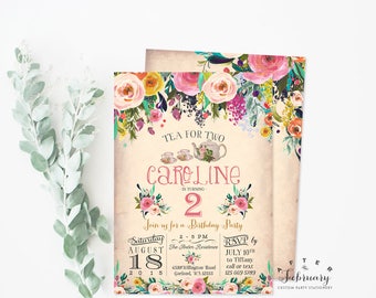 Tea for Two Girl Birthday Tea Party Invitation Tea Party Birthday Invitation Watercolor Floral Tea Party Invites Printable No.105KIDS