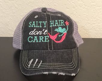 Salty Hair Don't Care with Mermaid Embroidered Monogrammed Distressed Trucker Cap Dark Gray