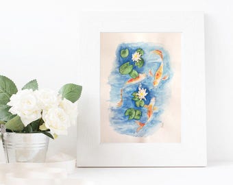 Koi fish pond Watercolour painting Original painting Original art Original artwork Koi fish painting Wall art Home decor Gift ideas