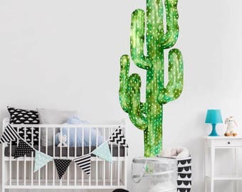 Saguaro Cactus Watercolor Wall Decal - Tall Cactus Wall Mural by Chromantics