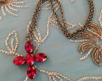 Ruby RED Jane Austen cross, reproduction necklace, antique gold, handmade by Dames a la Mode, NEW, never worn