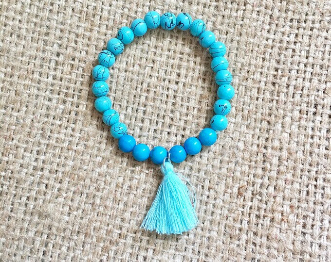 Howlite Bracelet, Tassel Bracelet, Agate Bracelet, Stone Bead Bracelet, Blue Tassel Bracelet, Boho Stone Bracelet, Boho Tassel Bracelet