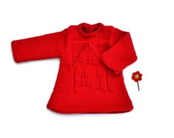Baby girl dress. Red baby dress. Hand Knit baby dress. Cute baby clothes. Baby Party dress. Merino wool dress. Baby girl clothes. Cute dress