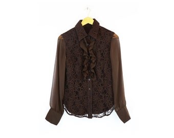 Vintage Brown Lace and Ruffle Sheer Sleeve Button Down Top