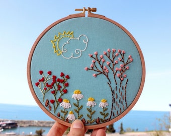 Sun and Flowers, Wall or Door Hanging Embroidery Hoop Art, Fabric Wall Hanging, Needlepoint, Hand Embroidery, Stitched Art