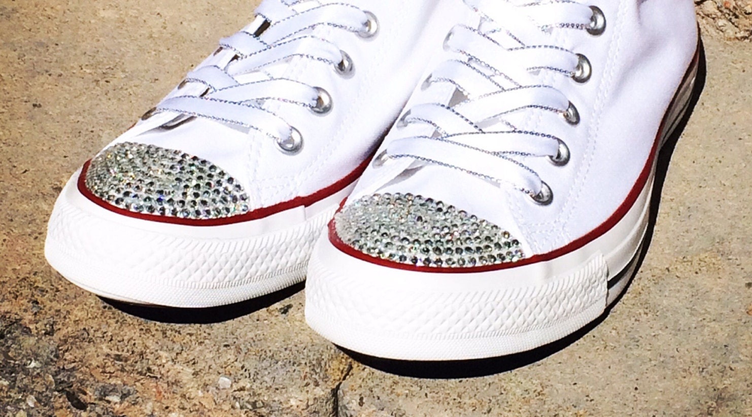 White Wedding Converse Shoes. Rhinestone Bling Shoes. Low Top