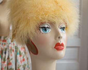 Canary Yellow Feather Beehive Pillbox Hat | Helen Yoffe feather mod hat | 1960s 60s women's hat | Sunshine yellow feather cloche Mad Men hat