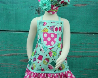 Kids Apron - Kids Ruffle Apron - Pink & Teal Cupcakes