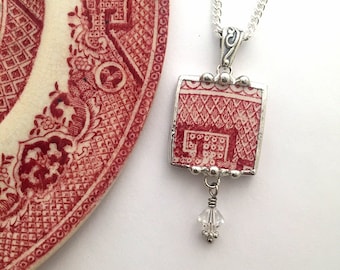 Broken china jewelry - necklace pendant - antique red pink willow - broken china jewelry necklace - Swarovski crystal