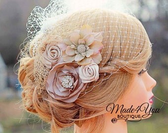 Champagne Birdcage Veil-Gold and Champagne Bridal Fascinator-Wedding Headpiece-Plum and Red Also Available