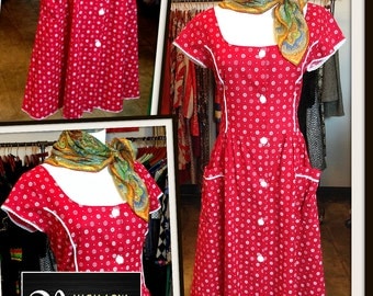 Vintage Red & White Print Cotton Dress Pockets FREE SHIPPING