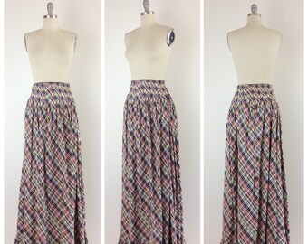 40s Taffeta Floor Length Skirt / 1940s Vintage Plaid Print Full Skirt / Medium / Size 6