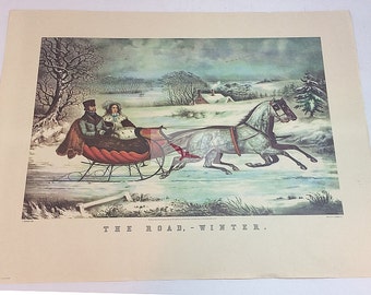 Currier and Ives Lithograph The Road Winter Horse Drawn Sleigh by Columbus Bank Note Lithographers Early American via Soaring Hawk Vintage