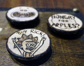 Rick and Morty pyrography art wood magnets