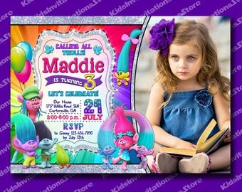 Glitter Trolls Invitation with a Photo-Trolls Birthday Party-Trolls Invite-Trolls Party Supplies-Poppy-Cooper-Branch-Chenille-Silver Glitter