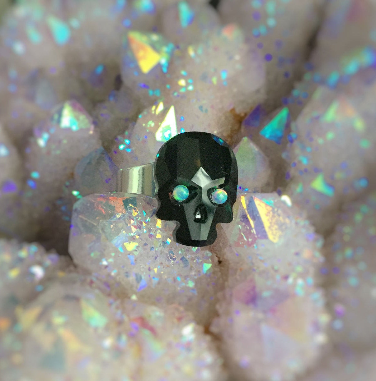 Skull ring with opal eyes black Crystal skull adjustable