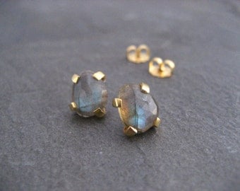 labradorite studs, rose cut earrings, color flash, blue green, irregular shaped, faceted labradorite, post earrings, multi color stone