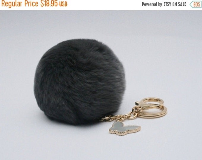 Butterfly Collection Dark Grey fur pom pom keychain REX Rabbit fur pom pom ball with butterfly charm