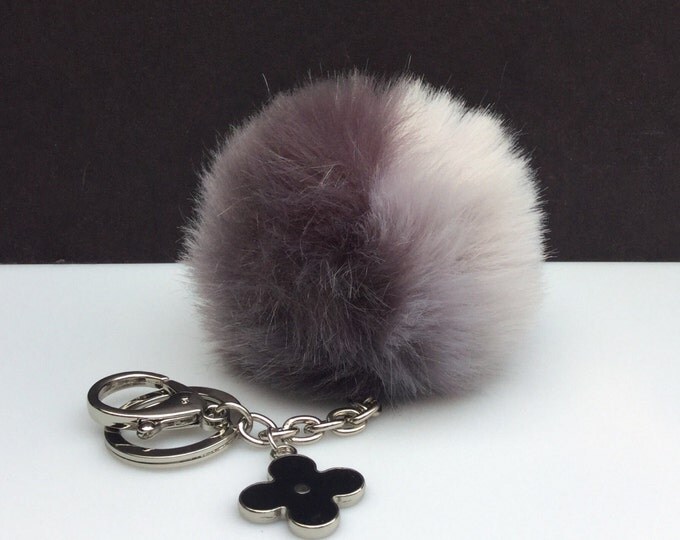Faux Duo Light Grey Dark Grey Fur Pom Pom bag Keyring keychain pom pom fake fur ball