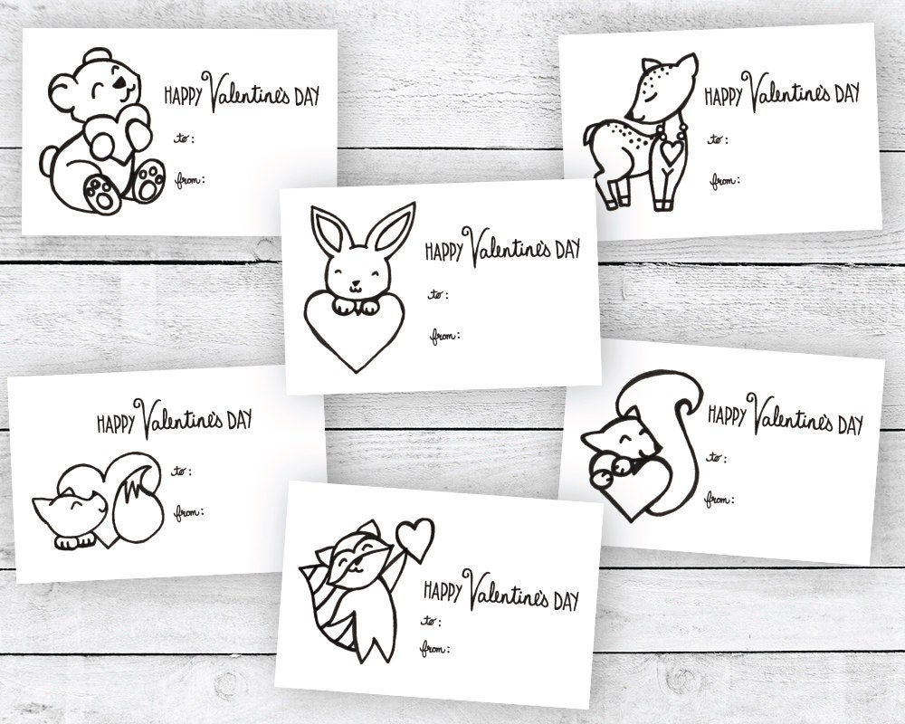 Cute Animals Coloring Valentines Day Cards Printable