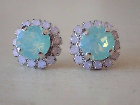 Swarovski Chrysolite and Rose Water Opal Crystal Halo Post Earrings, Silver