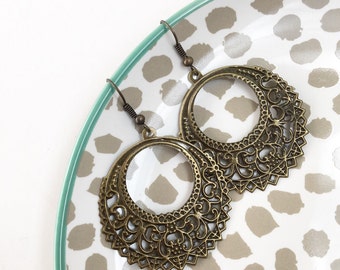 Boho Crescent dangles, Antique bronze, laser-cut, bohemian, earthy, rustic