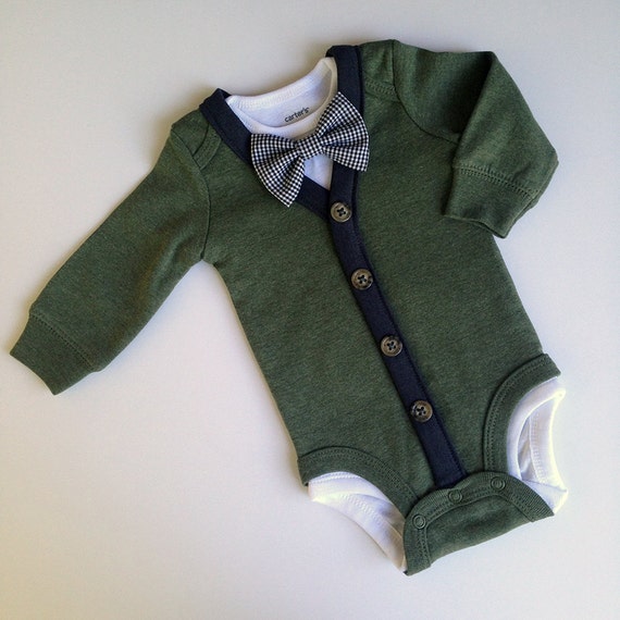 Green/ Charcoal Grey Baby Boy 3pc Cardigan Onesie & Bow Tie