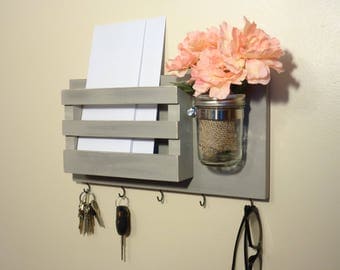 Mail Organizer - Key Holder - Mail Holder Wall - (5) Key Hooks - Removable Mason Jar - Other Colors Too - Ready To Hang