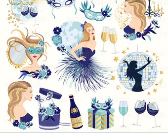 New Year's Eve clipart: "FABULOUS PARTY CLIPART" with party clipart, disco ball clipart, celebration clipart, 17 images, 300 dpi. png files