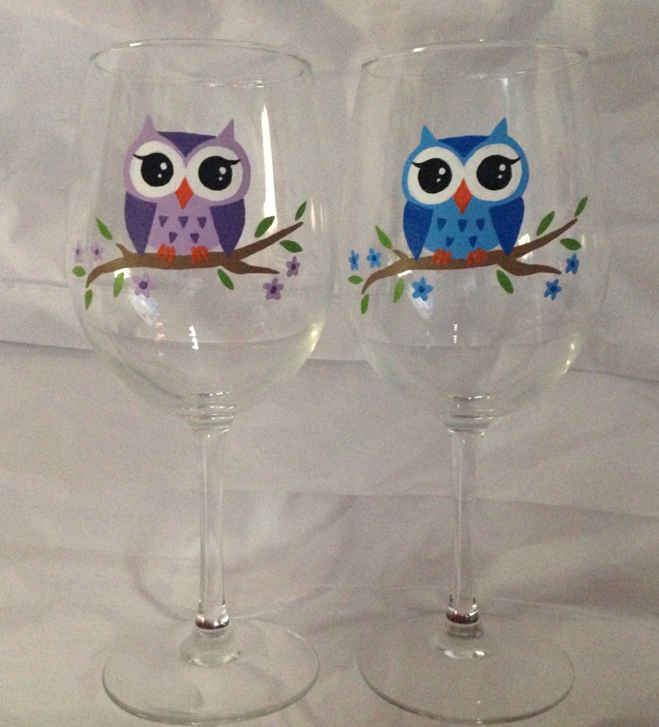 Hand painted owl wine glass