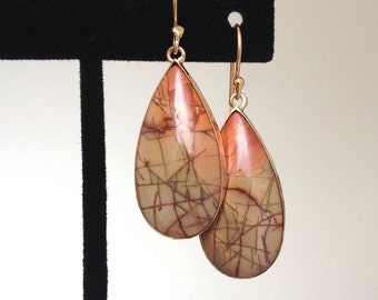 Gold earrings. Drop/ dangle earrings. Jasper earrings. Picasso Jasper in gold earrings. Long drop earrings. Gemstone earrings.