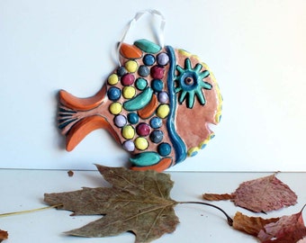 Items similar to Fish Ceramic Jewelry Beach art Hand Painted pendant on ...